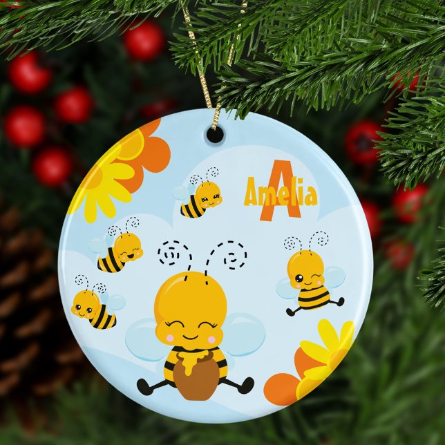 Cute Happy Bumble Bee with Flowers Kid Christmas Ceramic Tree Decoration (Creator Uploaded)