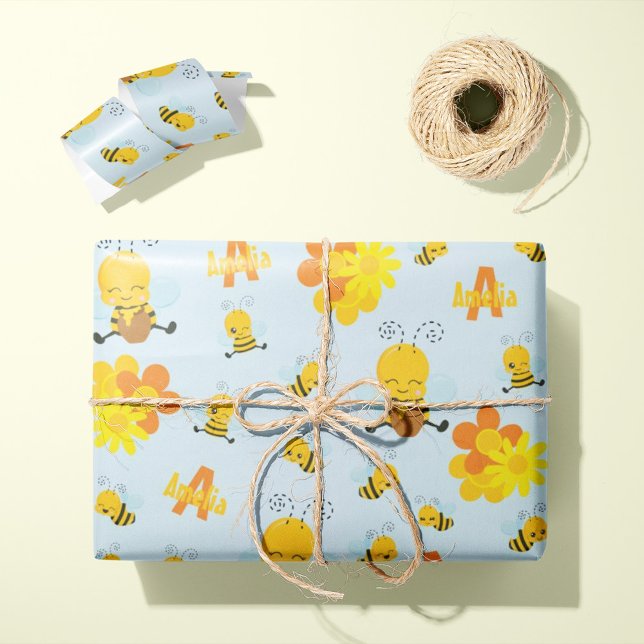 Cute Happy Bumble Bee with Flowers Little Kid Wrapping Paper (Creator Uploaded)