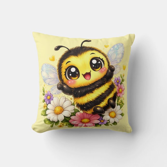 Cute Happy Bumblebee Kawaii Cushion Pillow (Front)