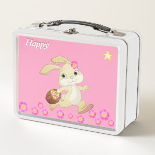 Cute happy bunny, flowers and star on pink metal lunch box
