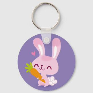 Cute Happy Bunny Rabbit Holding a Carrot Key Ring