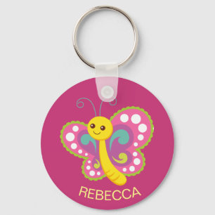 Cute Happy Butterfly Custom Pink Personalised Key Ring