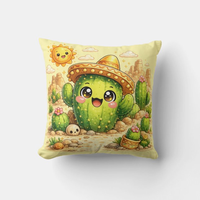 Cute Happy Cactus Kawaii Cushion Pillow (Front)