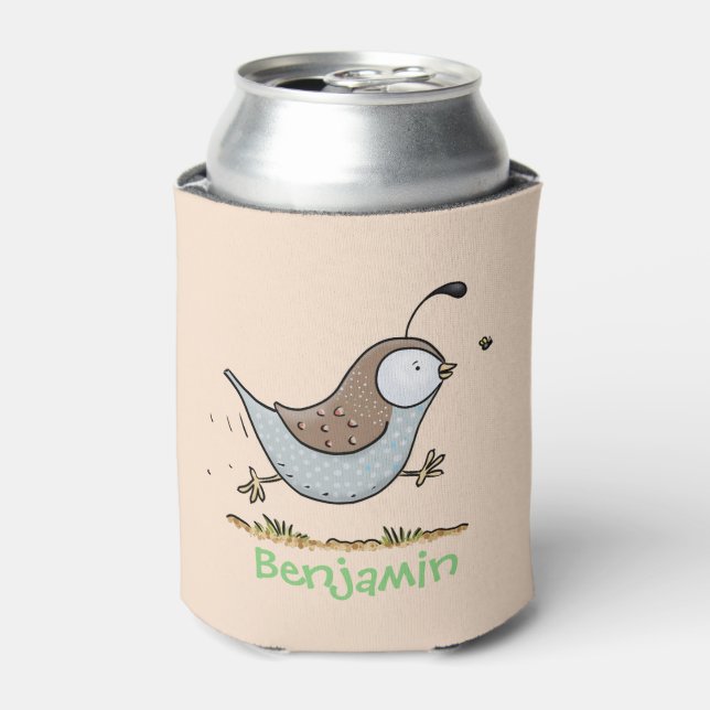 Cute happy californian quail cartoon illustration can cooler (Can Front)