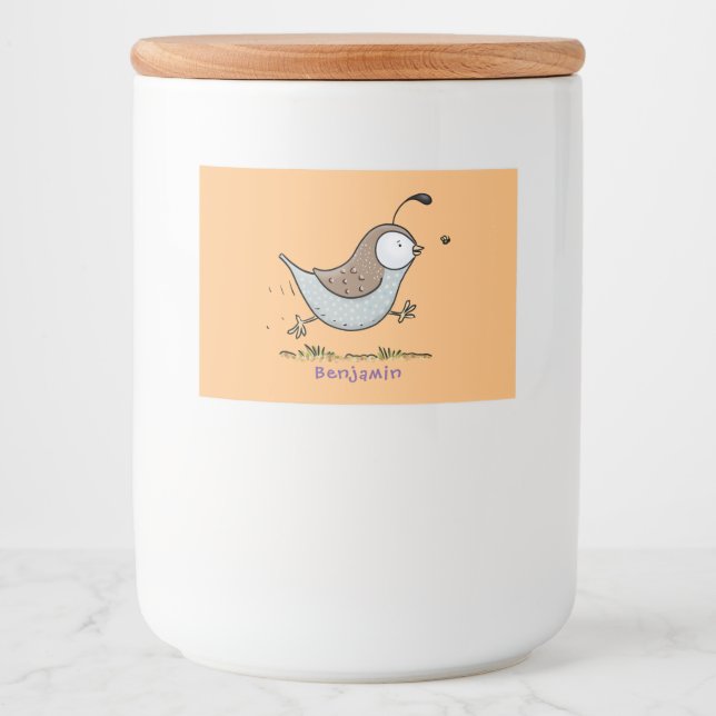 Cute happy californian quail cartoon illustration food label (Front)