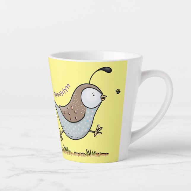 Cute happy californian quail cartoon illustration latte mug (Right)