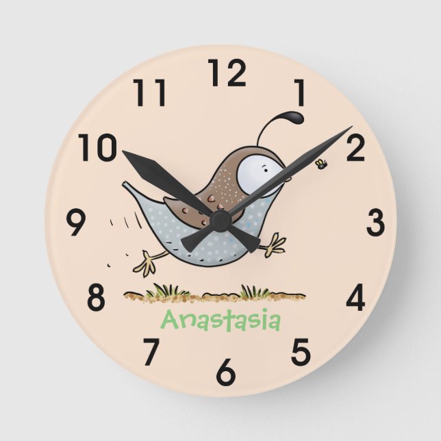 Cute happy californian quail cartoon illustration round clock (Front)