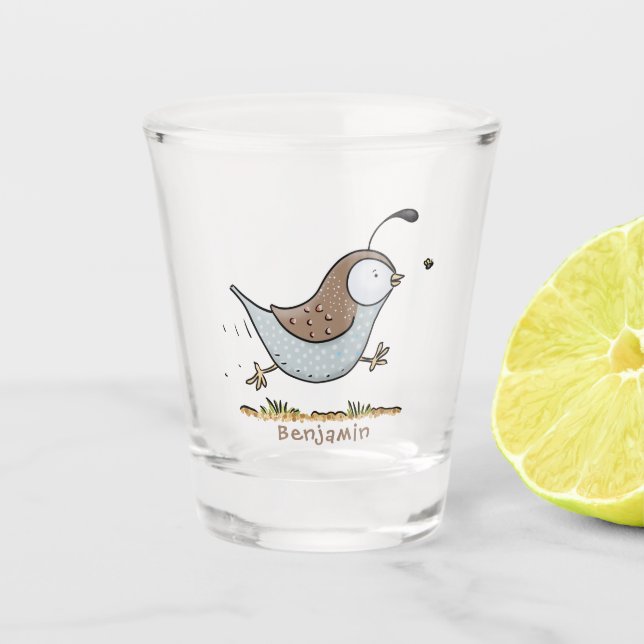 Cute happy californian quail cartoon illustration shot glass (Front)