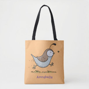 Cute happy californian quail cartoon illustration tote bag
