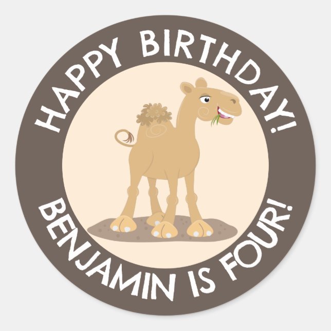 Cute happy camel personalised birthday cartoon classic round sticker (Front)