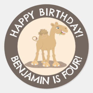 Cute happy camel personalised birthday cartoon classic round sticker