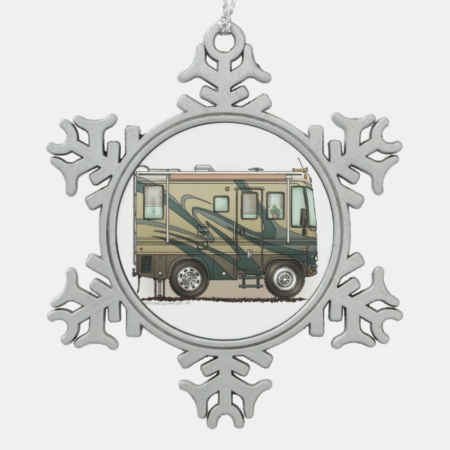 Cute Happy Camper Big RV Coach Motorhome Snowflake Pewter Christmas Ornament (Front)