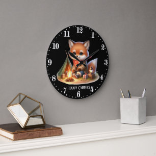 Cute happy camper fox add text large clock