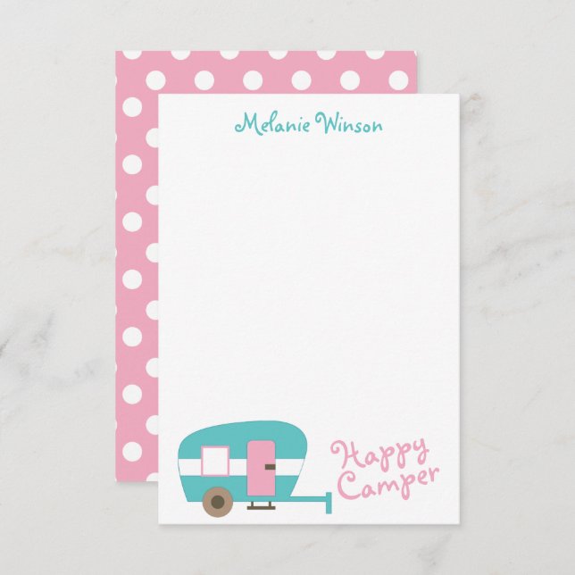 Cute Happy Camper Personalised Note Cards (Front/Back)