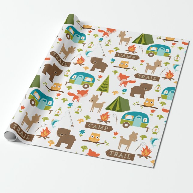 Cute Happy Campers Woodland Pattern Wrapping Paper (Unrolled)