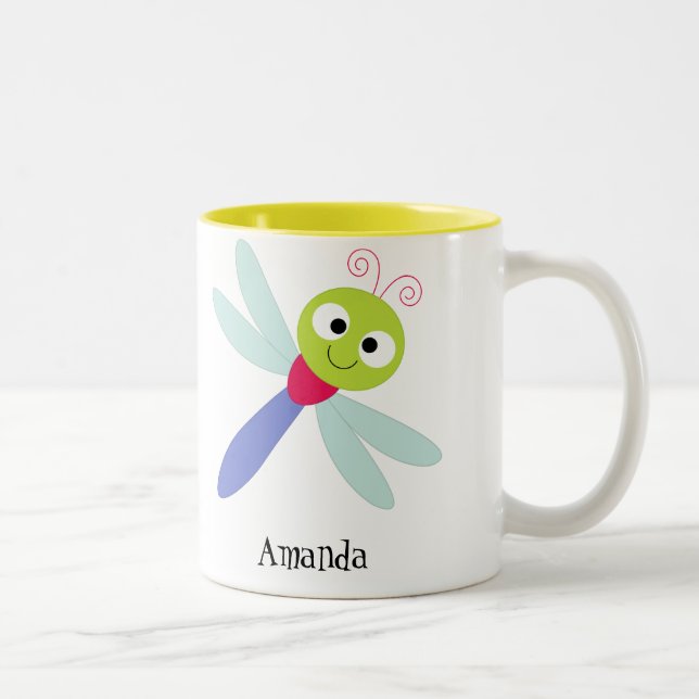 Cute Happy Cartoon Dragonfly With Twirly Fillers Two-Tone Coffee Mug (Right)