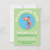 Cute happy cartoon prawn with maracas birthday