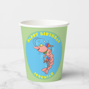 Cute happy cartoon prawn with maracas paper cups