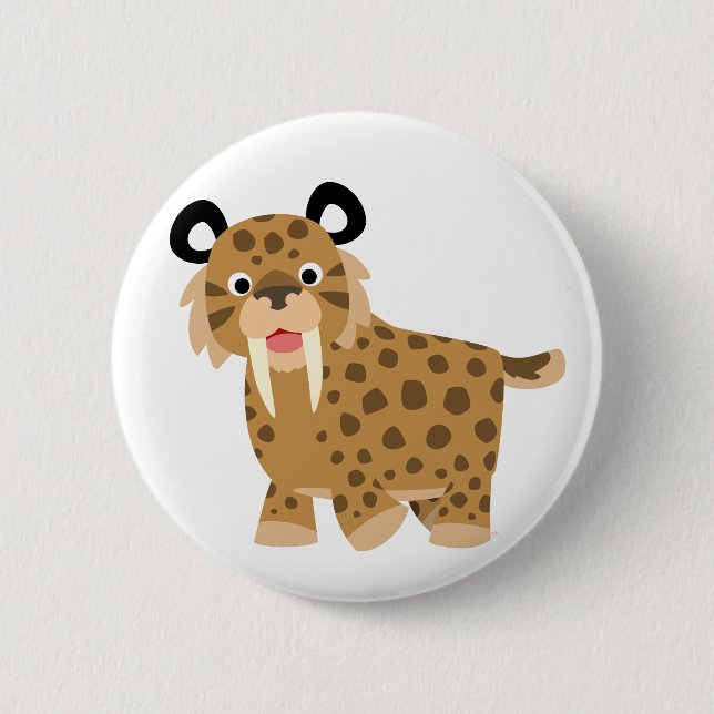 Cute Happy Cartoon Smilodon Button Badge (Front)