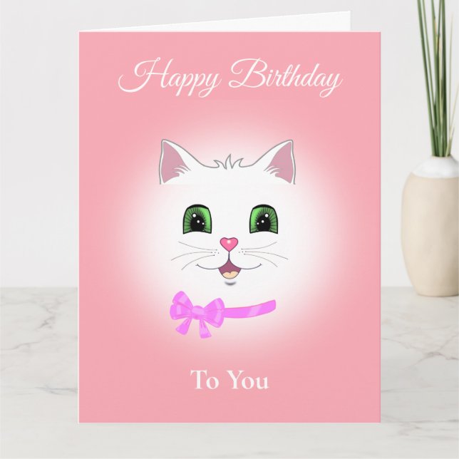 Cute Happy Cat Face Birthday on Light Coral Pink Card (Front)