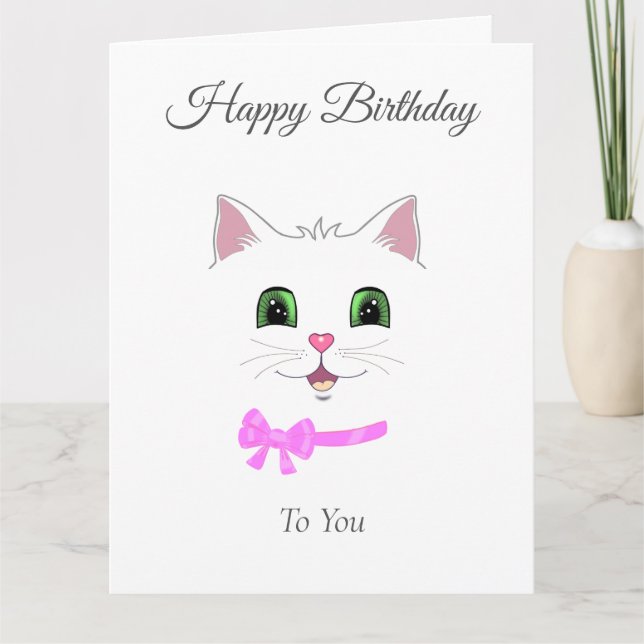 Cute Happy Cat Face Birthday on White  Card (Front)