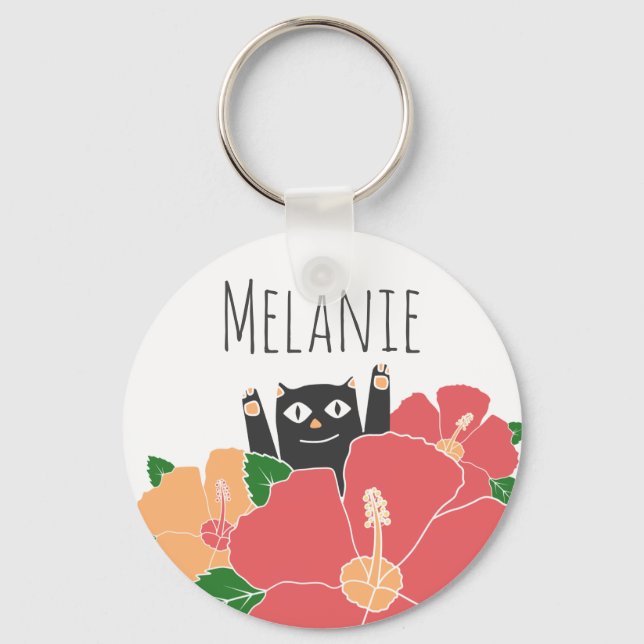 Cute Happy Cat Spring Flowers Personalised Key Ring (Front)