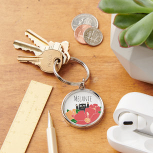 Cute Happy Cat Spring Flowers Personalised Key Ring