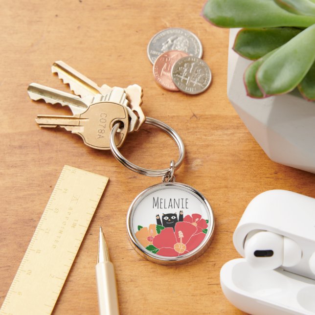 Cute Happy Cat Spring Flowers Personalised Key Ring (Desk)