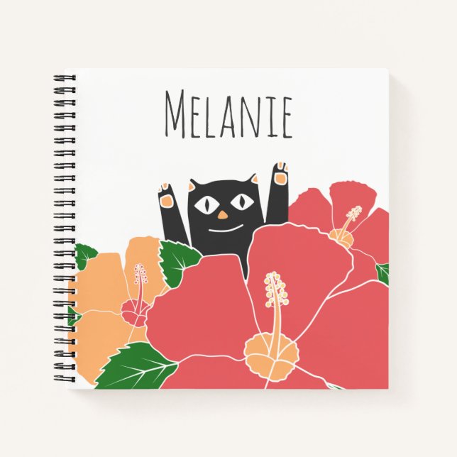 Cute Happy Cat Spring Flowers Personalised Notebook (Front)
