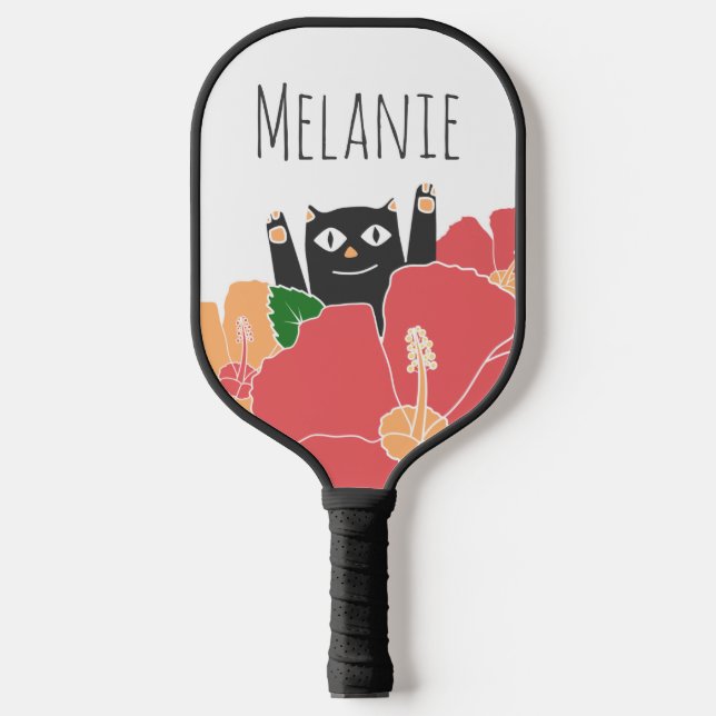 Cute Happy Cat Spring Flowers Personalised Pickleball Paddle (Front)
