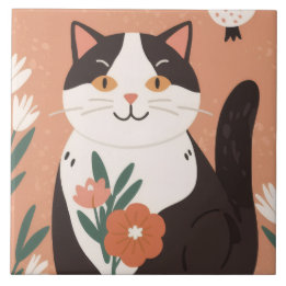 Cute Happy Cat with Spring Flowers  Tile