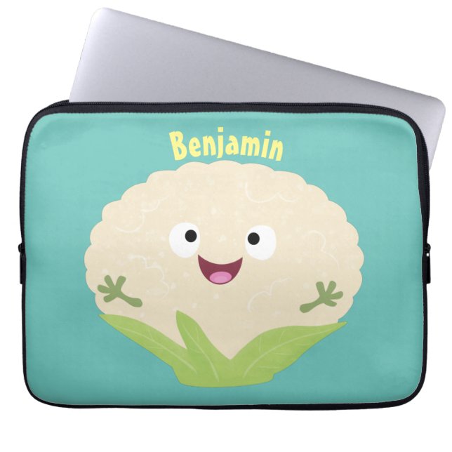 Cute happy cauliflower vegetable cartoon laptop sleeve (Front)