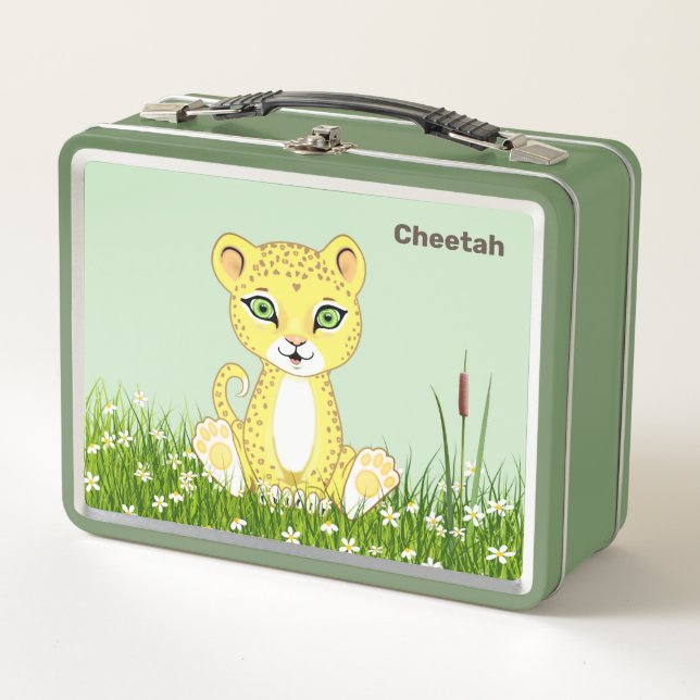 Cute Happy Cheetah Leopard on the Forest Metal Lunch Box (Front)