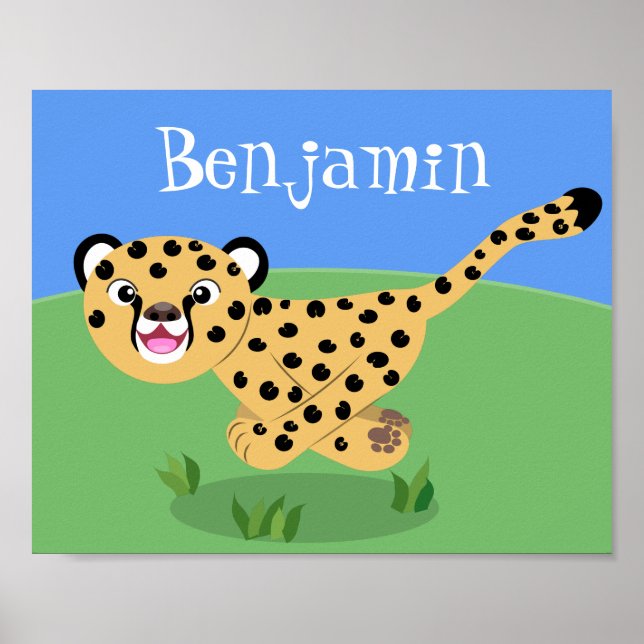 Cute happy cheetah running cartoon illustration poster (Front)
