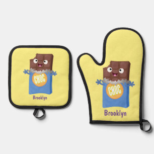 Cute happy chocolate candy bar cartoon character oven mitt & pot holder set