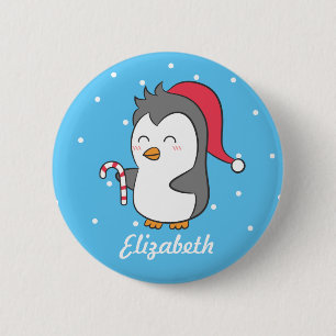 Cute Happy Christmas Penguin Candy Cane For Kids 6 Cm Round Badge