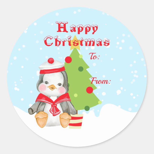 Cute Happy Christmas Penguin Sailor Gift Classic Round Sticker (Front)