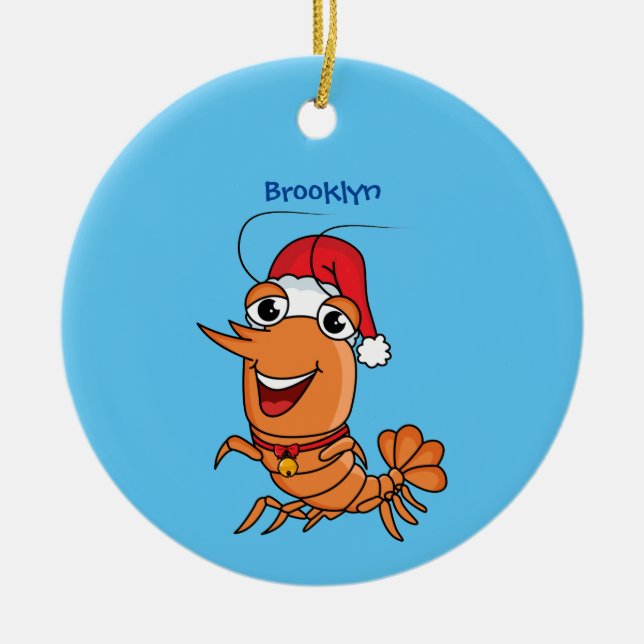 Cute happy Christmas shrimp cartoon illustration Ceramic Tree Decoration (Front)