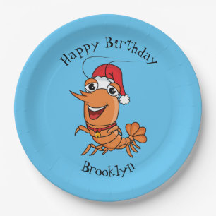 Cute happy Christmas shrimp cartoon illustration Paper Plate