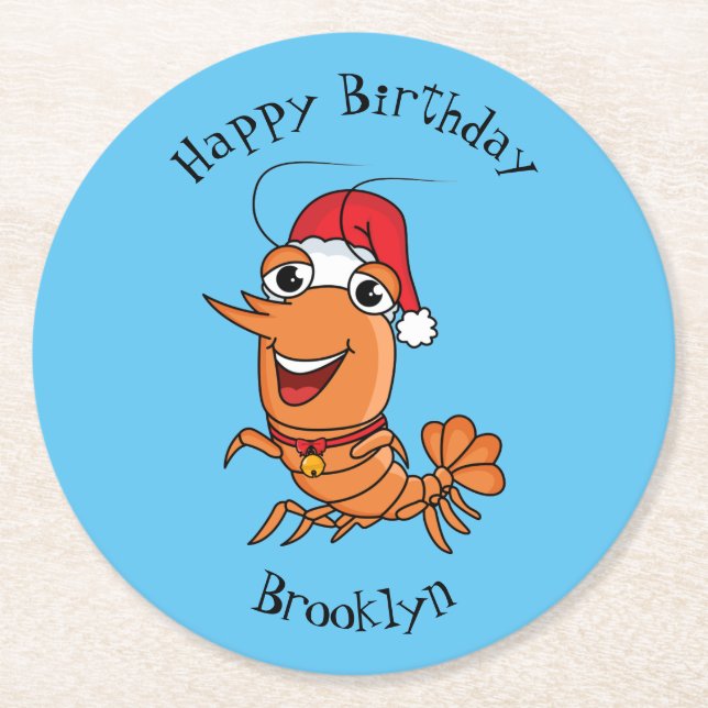 Cute happy Christmas shrimp cartoon illustration Round Paper Coaster (Front)