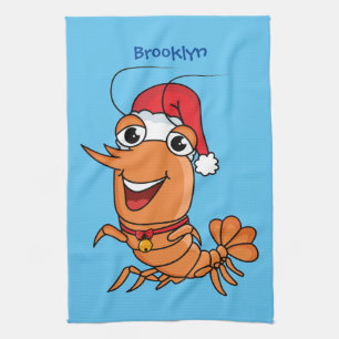 Cute happy Christmas shrimp cartoon illustration Tea Towel