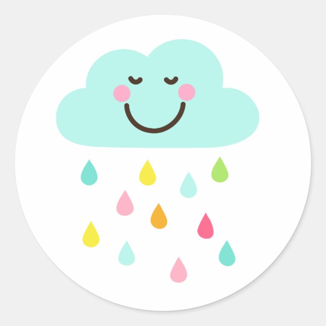 Cute happy cloud with colourful raindrops classic round sticker (Front)