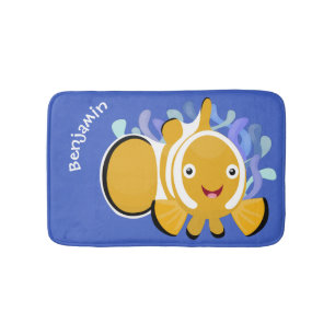 Cute happy clownfish anenome cartoon bath mat