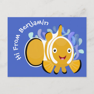 Cute happy clownfish anenome cartoon postcard