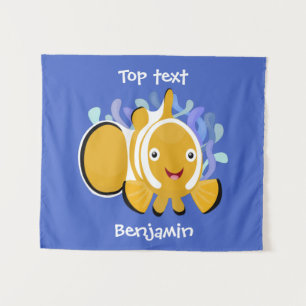 Cute happy clownfish anenome cartoon  tapestry