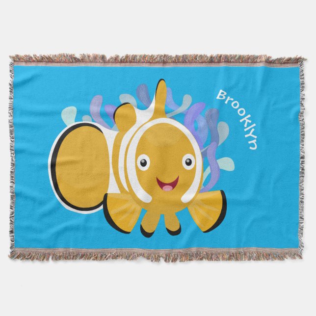 Cute happy clownfish anenome cartoon throw blanket (Front)