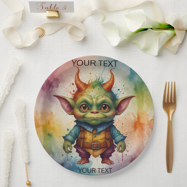 Cute happy colorful funny little goblin creature paper plate (Wedding)