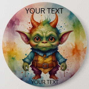 Cute happy colourful funny little goblin creature 6 cm round badge