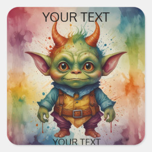 Cute happy colourful funny little goblin creature square sticker