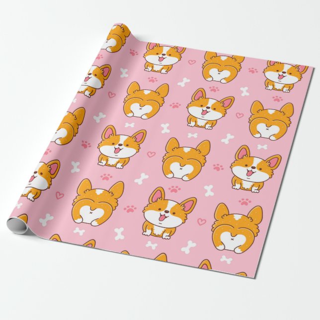 Cute happy corgi dog seamless pattern wrapping paper (Unrolled)